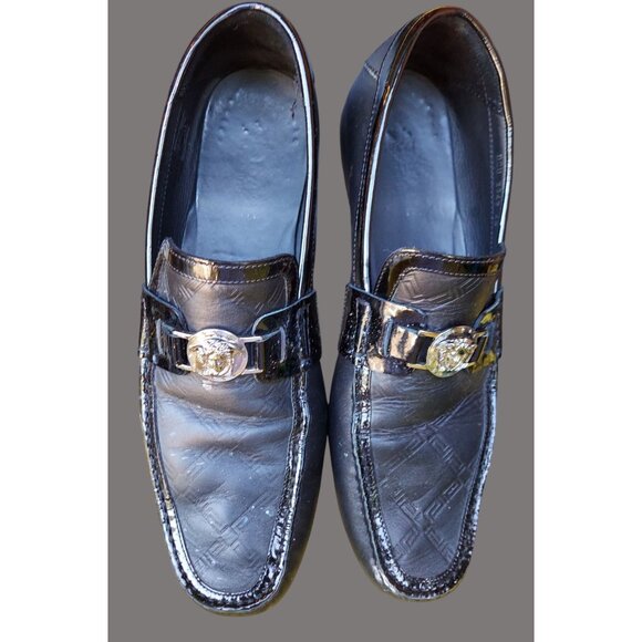 Versace Black Leather Mens Size 14 Loafers With Silver Buckle - V01 p